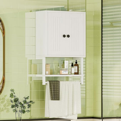 Homeiju Small Farmhouse Style Rustic Medicine Cabinet with Two Barn Doors, Wooden Wall Mounted Storage Cabinet with Shelf and Towel Bar for Bathroom, Living Room, Kitchen, White