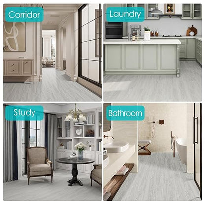 MULGREAT Peel and Stick Floor Tile, 54 Sq.Ft Self Adhesive Vinyl Flooring Plank, 36 Pieces Waterproof Heavy Duty Wood Grain Tiles, 36"x6" DIY Planks for Laundry Kitchen Bathroom Apartment Grey