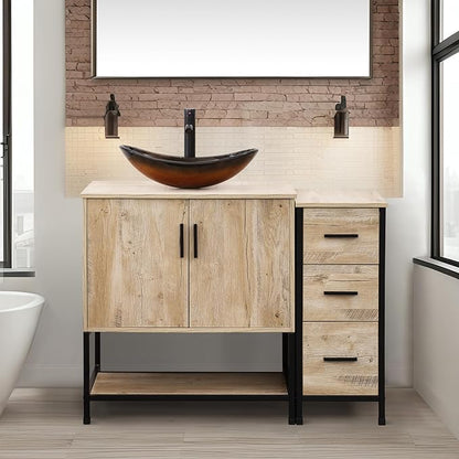 UEV 42" Rustic Oak Bathroom Vanity with Sink Combo,Industrial Iron Frame Bathroom Cabinet Sets with 3 Drawers Side Cabinet,Modern Brown Boat Tempered Glass Vessel Sink(029BR)