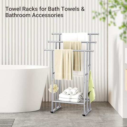 ELYKEN 3 Tier Standing Towel Rack, 40'' Tall Towel Drying Rack Outdoor, Freestanding Floor Towel Rack with Shelf, Pool Towel Blanket Stand, Metal Towel Racks for Bathroom freestanding, Smooth Silver