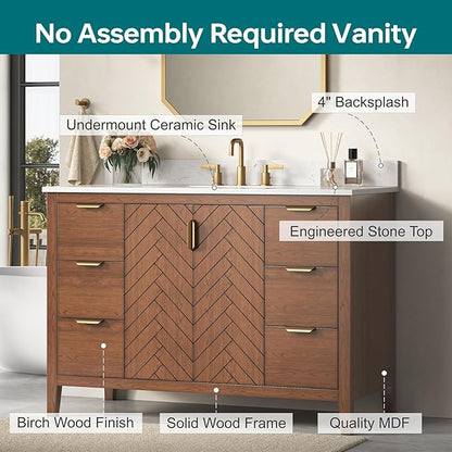 48 Inch Bathroom Vanity with Sink, No Assembly Required Single Sink Bathroom Vanity with Soft Close Doors & Dovetail Drawers, Solid Wood Bathroom Vanities, Engineered Stone Top, Walnut