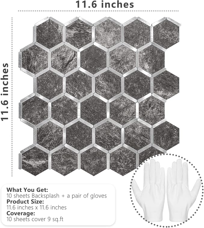STICKGOO Hexagon Peel and Stick Backsplash Tile, Stick on Backsplash for Kitchen and Bathroom, Black Slate Look PVC Mixed Metal Silver Self Adhesive Wall Tiles(10 Sheets, Seamless)