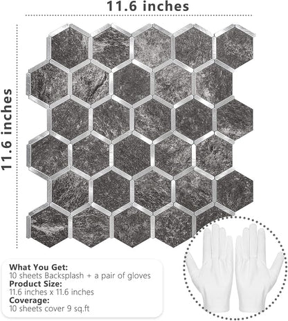 STICKGOO Hexagon Peel and Stick Backsplash Tile, Stick on Backsplash for Kitchen and Bathroom, Black Slate Look PVC Mixed Metal Silver Self Adhesive Wall Tiles(10 Sheets, Seamless)