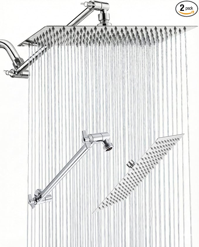 All Metal Rain Fixed Shower Head, 12 * 8'' High Pressure Rainfall Rectangle Showerhead with 11" Shower Head Extension Arm, Waterfall fixed Showerheads, Chrome
