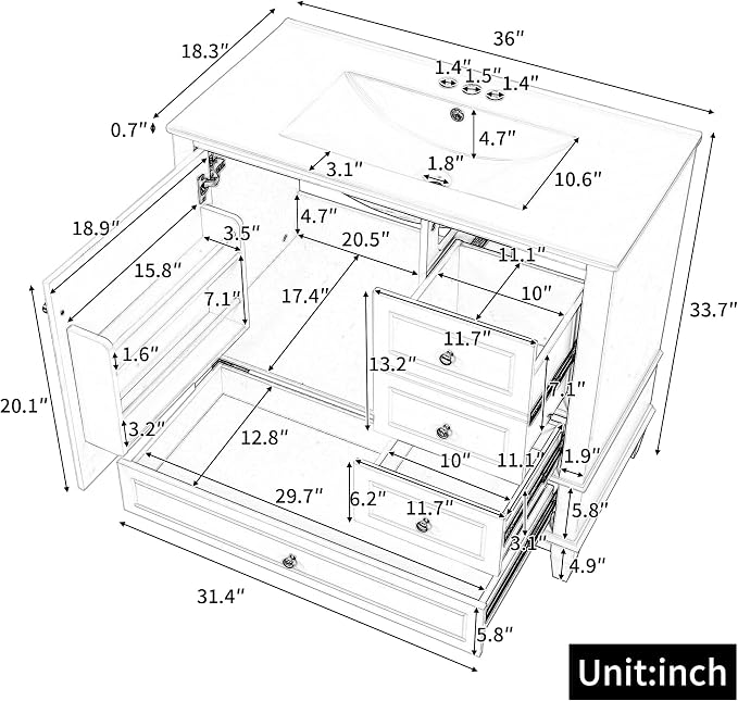 36" Vanity with Sink, Bathroom Vanities 36 Inch with Sink, Single Sink Bathroom Vanity with Door Shelf and Three Drawers, Restroom Vanity with Sink Top (Black)