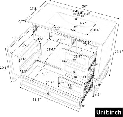 36" Vanity with Sink, Bathroom Vanities 36 Inch with Sink, Single Sink Bathroom Vanity with Door Shelf and Three Drawers, Restroom Vanity with Sink Top (Grey)