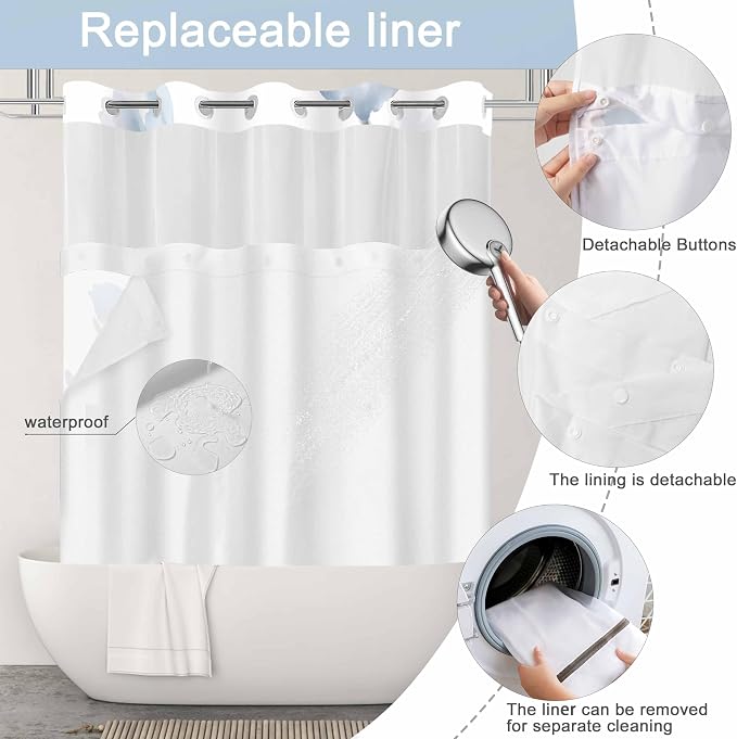 No Hook Shower Curtain and Liner Set, Blue Boho Floral 71x77 | Watercolor Boho Flower, with Snap in Liner, Waterproof, Machine Washable, Quick-Drying, for Hotel Bathroom