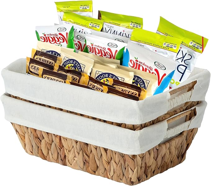 Wicker Storage Baskets with Liners, Water Hyacinth Storage Baskets with Built-in Handles Handwoven Shelf Baskets Storage Boxes Organizers for Clothes/Dresser/Bathroom/Shelves/Towels, 2 Pack