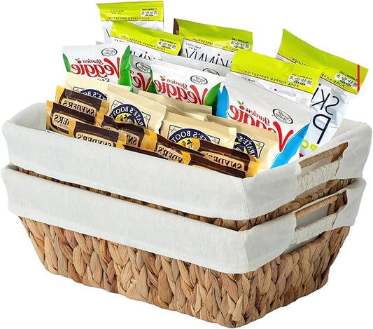 Wicker Storage Baskets with Liners, Water Hyacinth Storage Baskets with Built-in Handles Handwoven Shelf Baskets Storage Boxes Organizers for Clothes/Dresser/Bathroom/Shelves/Towels, 2 Pack