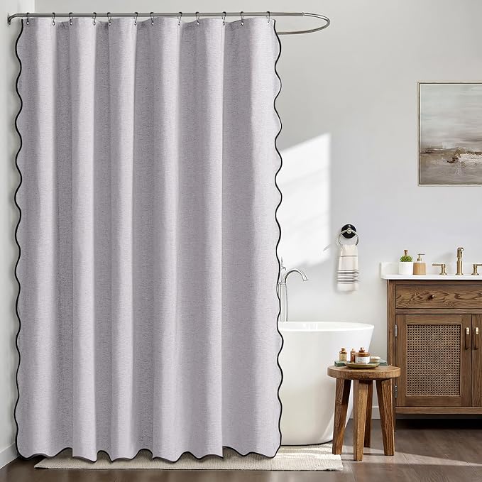 MIULEE Lavender Scalloped Linen Shower Curtain 72x72 Inches | Linen Textured, Waterproof, Washable, 12 Metal Hooks, Heavy Duty Cloth, Black Border, Shower Curtain for Bathroom Bathtub