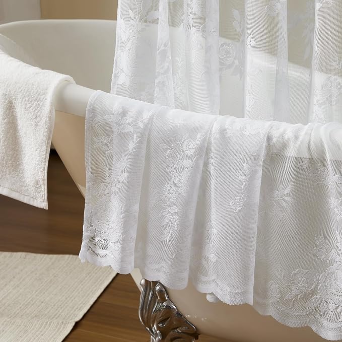 White Lace Shower Curtain 36 Inch with Attached Valance Victorian Floral Shower Curtain Vintage French Country Scalloped Edge for Bathroom Decor Spa Hotel Bath Short Rental Loft, 1 Panel, 36x72