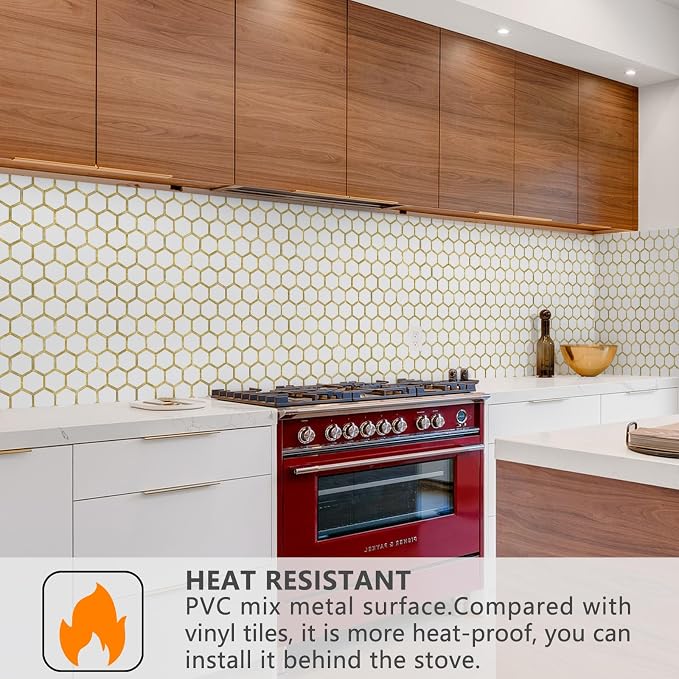 STICKGOO Hexagon Peel and Stick Backsplash Tile, Stick on Backsplash for Kitchen and Bathroom, Pure White PVC Mixed Metal Gold Self Adhesive Wall Tiles(10 Sheets, Seamless)