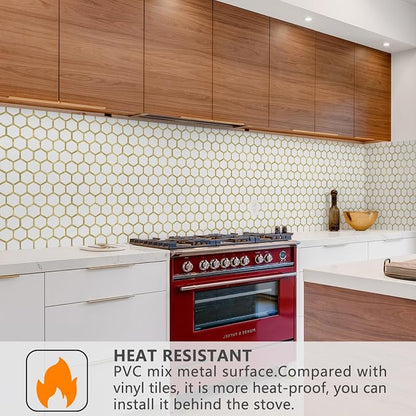 STICKGOO Hexagon Peel and Stick Backsplash Tile, Stick on Backsplash for Kitchen and Bathroom, Pure White PVC Mixed Metal Gold Self Adhesive Wall Tiles(10 Sheets, Seamless)