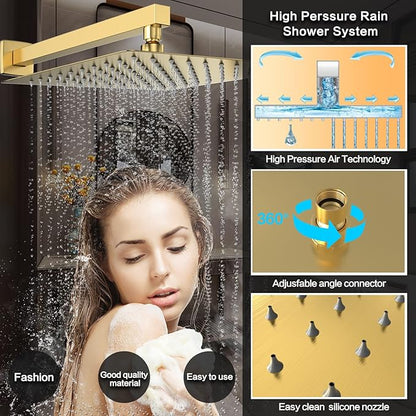 Brushed Gold Rain Shower System Faucet Set with Handheld, 12 inch | Solid Metal Wall Mount Rainfall Shower Set with Safe Anti-Scald Valve, Air Injection High Pressure Water Saving Combo