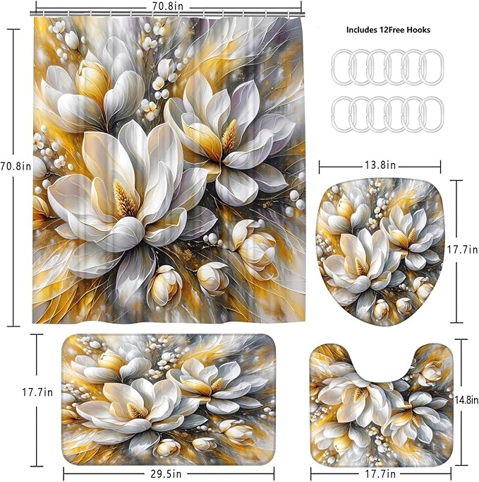 4-Piece Magnolia Flowers Shower Curtain Set Dreamy Beauty Bathroom Set with Shower Curtain and Rugs, Gold White and Gray Bath Curtain with Hooks for Home Decor