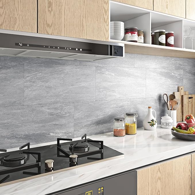 FunStick 12"x24" Grey Marble Peel and Stick Floor Tile Bathroom Floor Tiles Peel and Stick Waterproof Stick on Tiles for Kitchen Backsplash Walls Vinyl Flooring Sticky Laminate Flooring Sheets 5 Pcs
