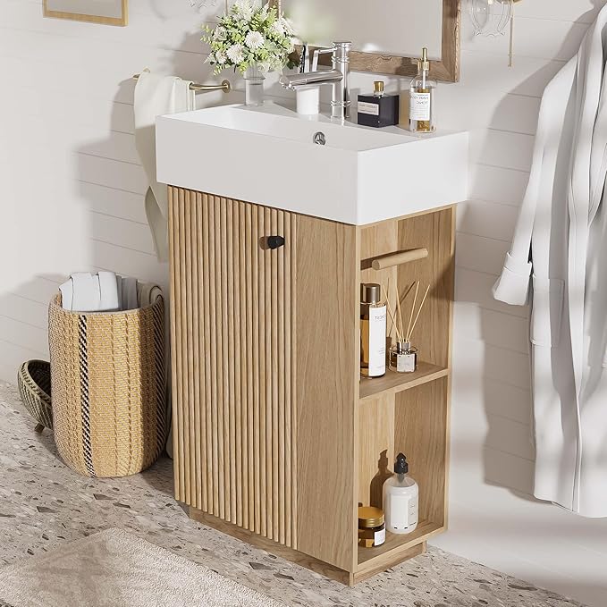 Merax Bathroom Vanity, Undermount Sinks Vanity with Side Storage, Floor Standing Bathroom Storage Cabinet Combo Set, Small Bathroom Sink Vanity, Oak