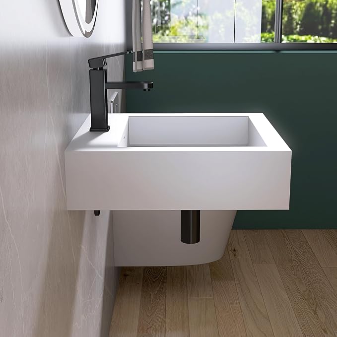 Small Vessel Sink, Stone Resin 19" x 19" Wall Mount Bathroom Sink | Floating Sinks with Overflow, Square Solid Surface Floating Vessel Sinks, White