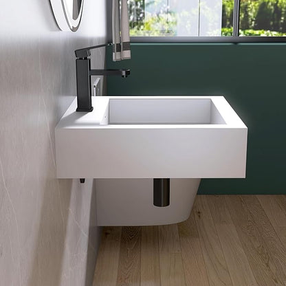 Small Vessel Sink, Stone Resin 19" x 19" Wall Mount Bathroom Sink | Floating Sinks with Overflow, Square Solid Surface Floating Vessel Sinks, White