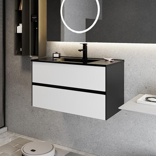 eclife 36" Bathroom Vanity Cabinet with Undermount Black Sink Combo, Wall Mounted Floating Bathroom Cabinet with Colors Mixed Style, 2 Big Drawers & Matte Black Faucet