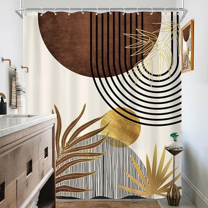 Mid Century Brown Boho Abstract Modern Beige Bathroom Shower Curtain Set | 72Wx84H Gold Geometric design, waterproof HD print with fast-drying fabric and 12 hooks.