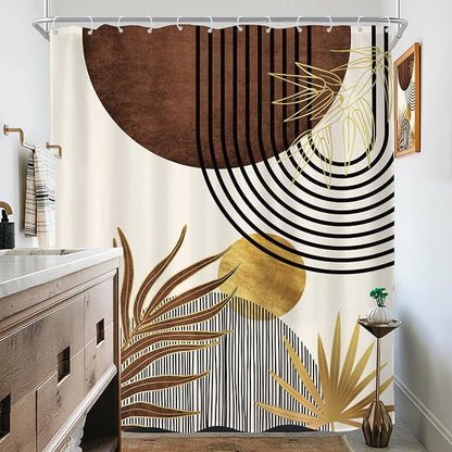 Mid Century Brown Boho Abstract Modern Beige Bathroom Shower Curtain Set | 72Wx84H Gold Geometric design, waterproof HD print with fast-drying fabric and 12 hooks.