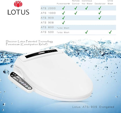 Lotus Bidet ATS-909 Elongated with Enema Wash (Purestream) for constipation relief, Heated Seat, Multi Modes Wash, Air Dryer, Deodorizer, Easy DIY Installation, Made in Korea