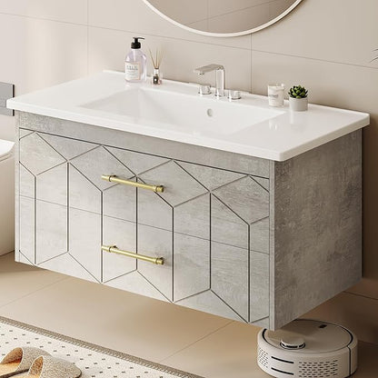 IDEALHOUSE Floating Bathroom Vanity with Sink 36 inch, Modern Bathroom Sink Cabinet, Ceramic Vanity Top, 2 Large Storage Drawers with Gold Metal Handle, Easy to Assembly, Grey