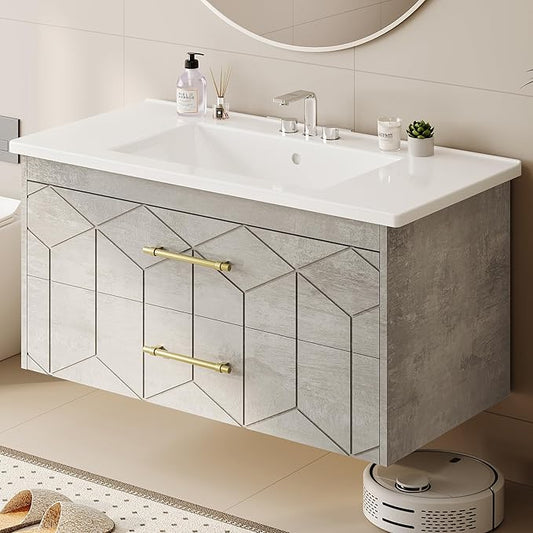 IDEALHOUSE Floating Bathroom Vanity with Sink 36 inch, Modern Bathroom Sink Cabinet, Ceramic Vanity Top, 2 Large Storage Drawers with Gold Metal Handle, Easy to Assembly, Grey
