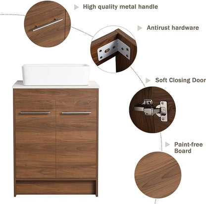 24" Bathroom Vanity, 24 Inch Freestanding Vanity with Ceramic Vessel Sink, Modern Single Sink Bathroom Vanity Combo, Brown Floor Stand Storage Cabinet Set(BRE110, 24 * 18)