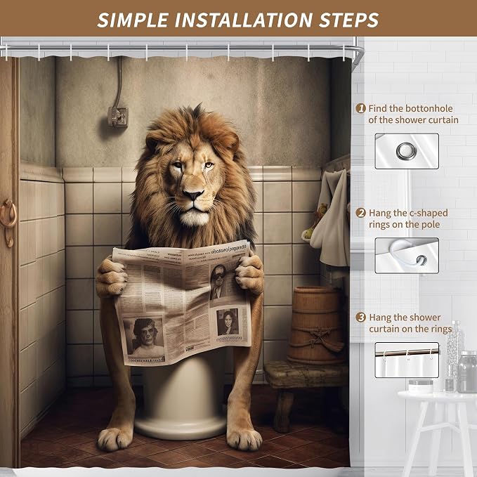 Farmhouse Funny Lion Shower Curtain for Bathroom 72W*72H Inch Brown Humor Animal Reading on Toilet Bathtub Decor Boho Western Country Animal Waterproof Polyester Fabric Set with 12 Hooks