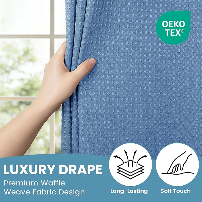 SORTTO No Hook Shower Curtain with Snap in Liner Set Waffle Shower Curtain for Bathroom Hotel Style Fabric Waterproof Inner Liner，71" W x 74" H, Sky Blue