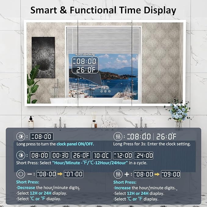 ACEMIRO 60"×32" Lighted Bathroom Medicine Cabinet with Mirror, Recessed Medicine Cabinet Mirror with Lights, Three Door LED Bathroom Mirror with Outlet & Clock, Dimming, Defogger, Memory Function