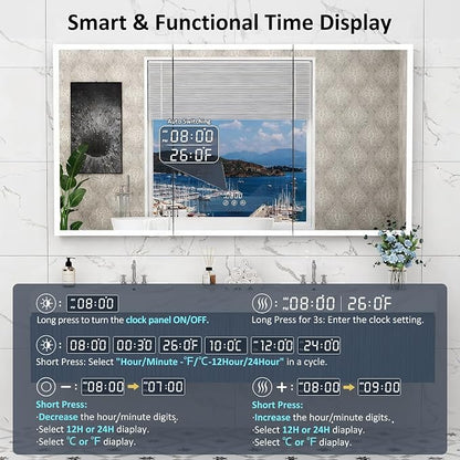 ACEMIRO 60"×32" Lighted Bathroom Medicine Cabinet with Mirror, Recessed Medicine Cabinet Mirror with Lights, Three Door LED Bathroom Mirror with Outlet & Clock, Dimming, Defogger, Memory Function