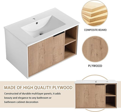 30 Inch Bathroom Vanity with Sink, 30" Floating Vanity, Plywood Wooden Bathroom Cabinet with Soft Close Door and Ceramic Sink, Open Shelf for Quick Access, Modern Wall Mounted Cabinet Set
