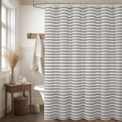 Farmhouse Striped Shower Curtain Horizontal Grey Vintage Linen 72"W X 72"L | Striped Shower Curtains with Linen Texture for Bathroom Decor