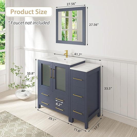 Vanity Art 42 Inch Under Mount Single Sink Bathroom Vanity Cabinet with 1 Mirror, Ceramic Top Bathroom Cabinet Compact Set with 5 Dovetail Storage Drawers and Gold Finish Handles, VA3030-42B