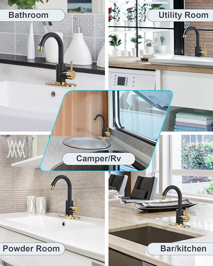 Modern Bar Sink Faucet: Single-Handle Black and Gold Bathroom Kitchen Sink Faucet, 1 Hole Wet Bar Sink Faucets with 360°Swivel Spout for bar RV Laundry Farmhouse