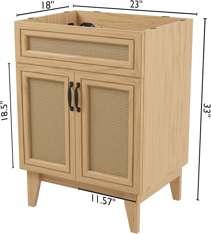 JONATHAN Y Javer Bohemian Rattan Freestanding Bath Vanity, 24", Oak | 18" Deep, 33" High, Double Soft-Close Doors, Caned Paneling, 2-Shelf Storage, Basin Not Included, Modern Farmhouse Style