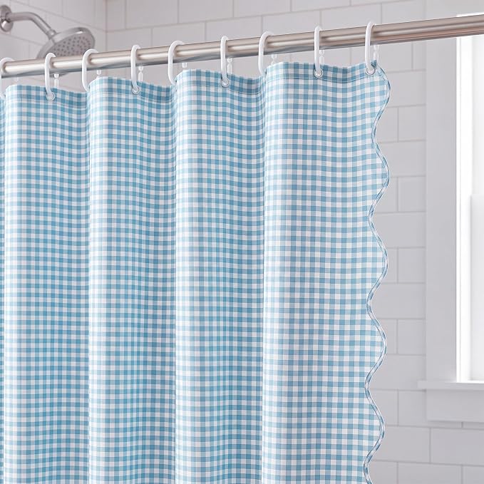 HunnmingRe Scalloped Gingham Shower Curtain Light Blue | 72'' x 72'' Vintage Farmhouse Curtain, Cotton Cottage Core Rural Checkered Plaid Decor, Fall Shower Curtain for Bathroom