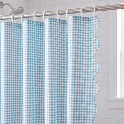 HunnmingRe Scalloped Gingham Shower Curtain Light Blue | 72'' x 72'' Vintage Farmhouse Curtain, Cotton Cottage Core Rural Checkered Plaid Decor, Fall Shower Curtain for Bathroom