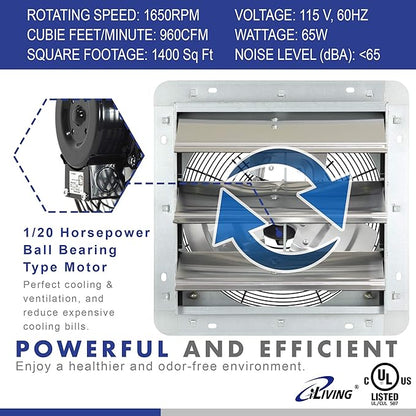 iLiving 16" & 12" Wall Mounted Shutter Exhaust Fans, Automatic Shutter