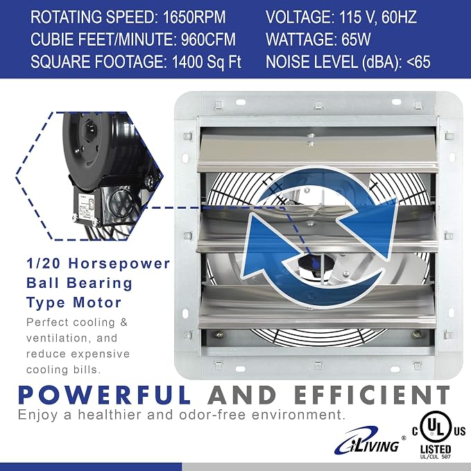 iLiving 18" & 12" Wall Mounted Exhaust Fans, Automatic Shutter, Thermostat & Variable Speed