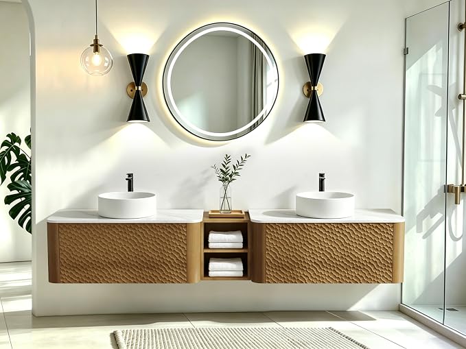 84 Inch Double Vanity with Sink Set, Floating Bathroom Sink Cabinet with Sintered Stone Top&Solid Wood Hammered Frame, Double Bathroom Vanities w/Soft-Close Drawers&1 Side Open Cube
