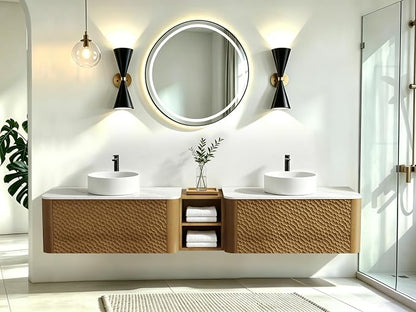 84 Inch Double Vanity with Sink Set, Floating Bathroom Sink Cabinet with Sintered Stone Top&Solid Wood Hammered Frame, Double Bathroom Vanities w/Soft-Close Drawers&1 Side Open Cube