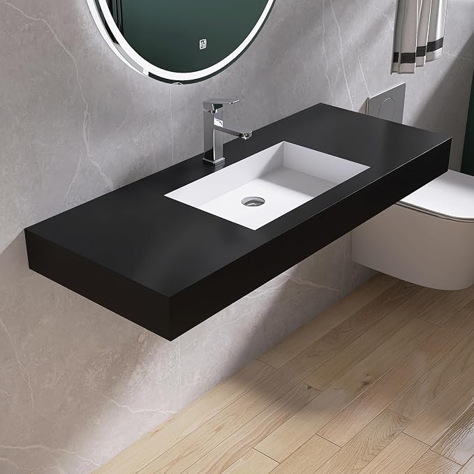 47"X19" Bathroom Sink with Single Faucet Hole, Stone Resin Wall-Mount or Floating Sink, Rectangle Solid Surface Countertop Vessel Sink with Mounting Brackets