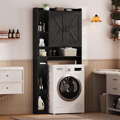 Over The Toilet Storage Cabinet, 31.1”W Bathroom Organizer with Double Doors, Above Toilet Rack, Detachable Toilet Paper Holder for Bathroom & Laundry Room Black