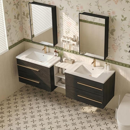 72 Inch Floating Double Sink Bathroom Vanity, Modern Bathroom Vanity with Sink & Large Storage Drawers, Wall Mounted Bathroom Sink Cabinet, Black&White