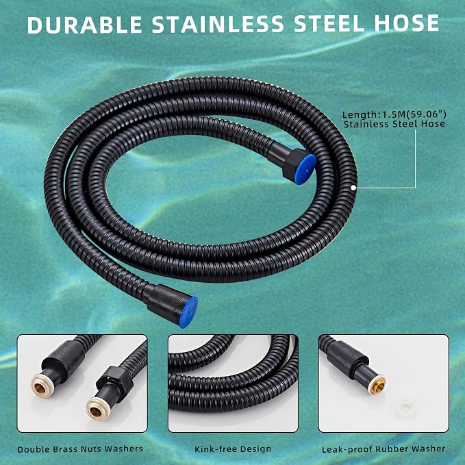 Black square hand shower head, handheld shower head with hose,brass High pressure flushing With adjustable water supply elbow Wall mount connector Shower bracket and hose set