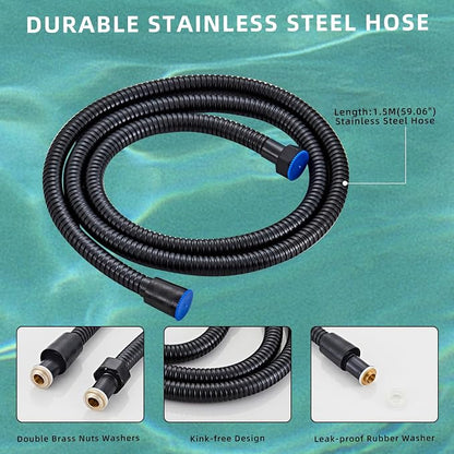 Black square hand shower head, handheld shower head with hose,brass High pressure flushing With adjustable water supply elbow Wall mount connector Shower bracket and hose set